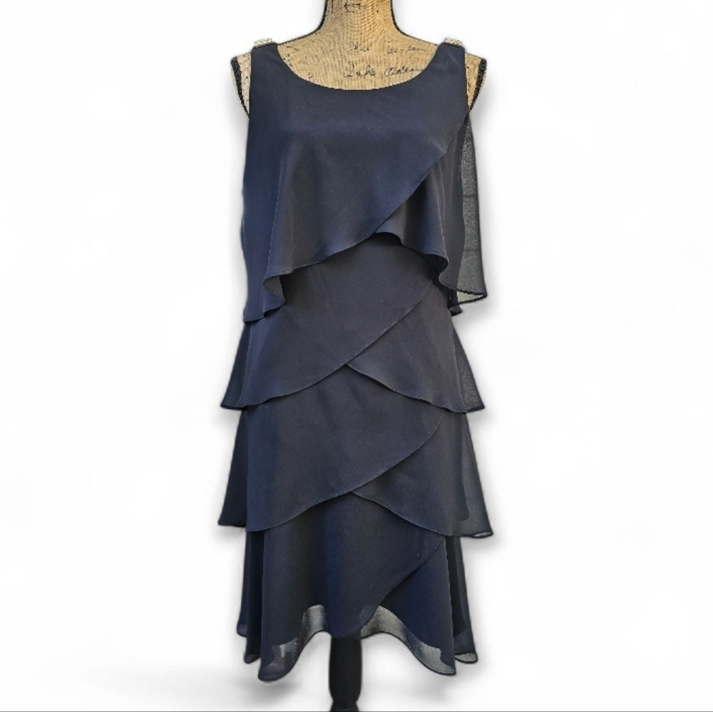 Style & Co Black Ruffle Layered Elegant Dress in Black, Size 14